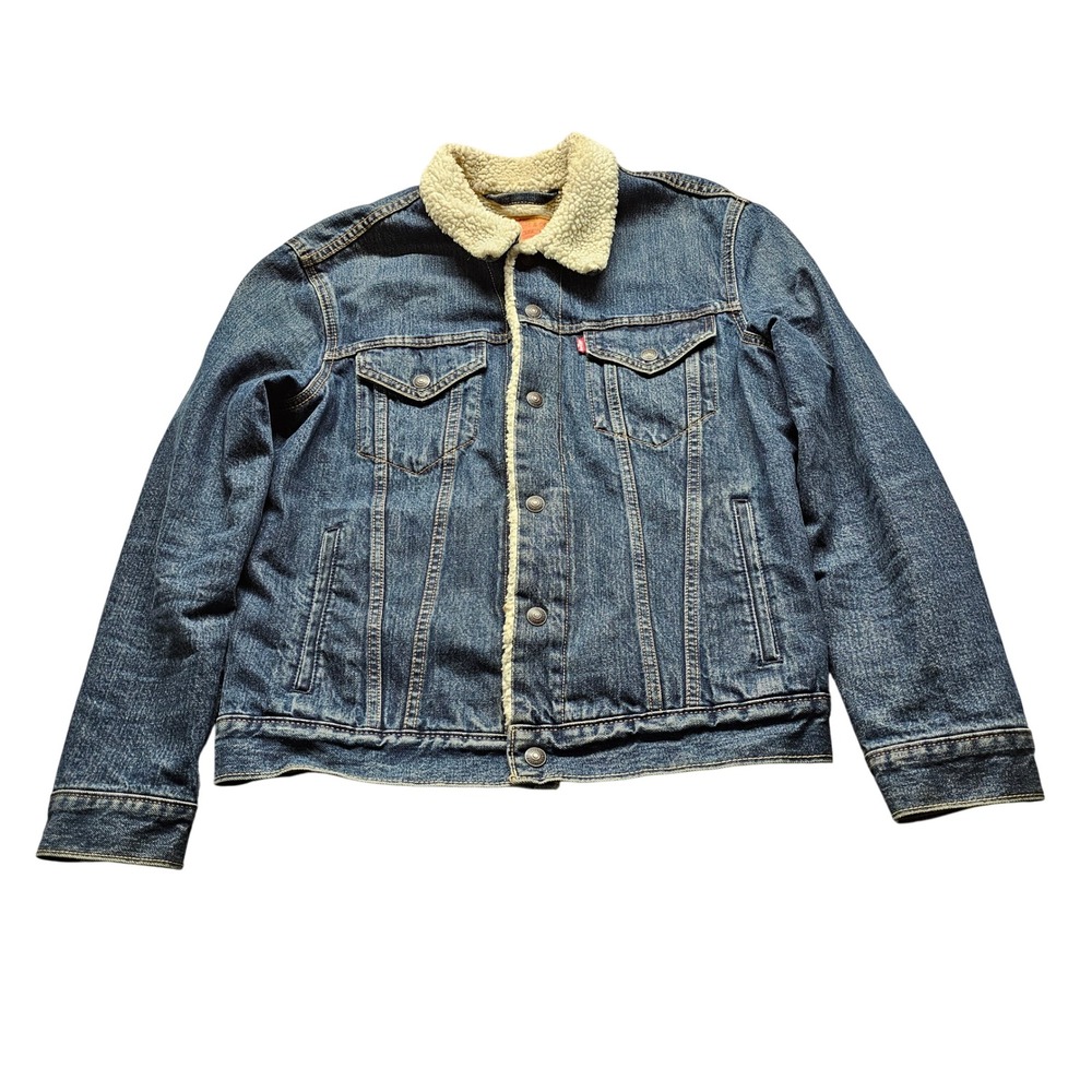 Levis Sherpa Lined Denim Trucker Jacket Mens Medium Blue Classic Faux Fur Coat